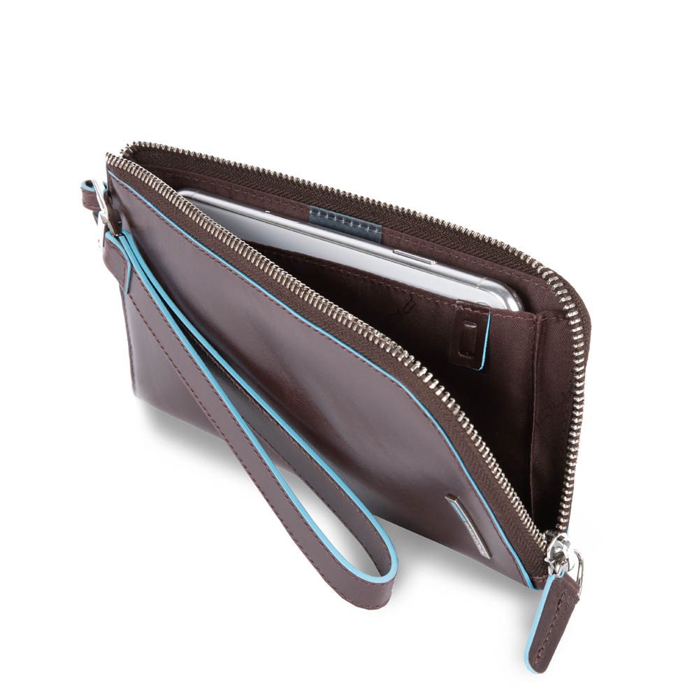 Piquadro Pochette Blue Square portafoglio sottile per smartphone con porta carte di credito e protezione anti-frode RFID Mogano