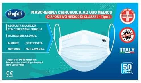 Buffetti Kit 50 pz Mascherina chirurgica ad uso medico Bianca