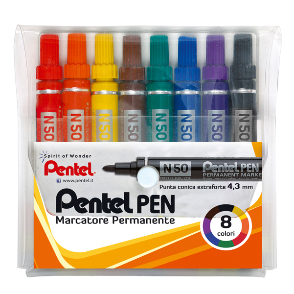 Pentel Marcatore permanente N50 - punta conica 4,3mm - astuccio 8 colori assortiti