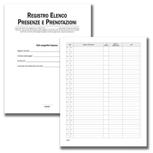 Registro Elenco Presenze e Prenotazioni - 24 pagg - F.to 31x24,5 cm.