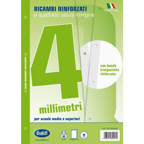 Ricambi bianchi per quaderni A4 quadretti 4mm con banda rinforzafori 40 fogli